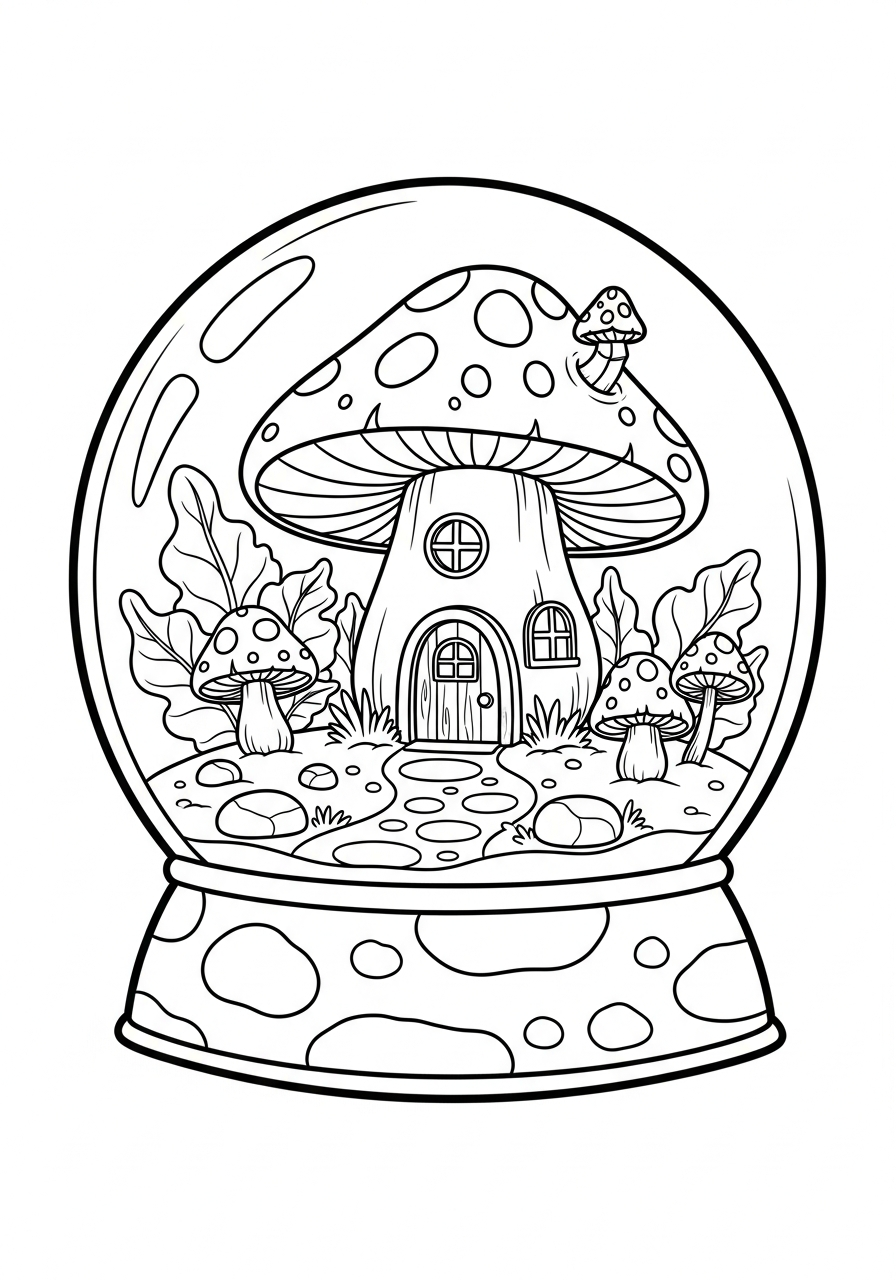 Mushroom house fairy snow globe coloring page