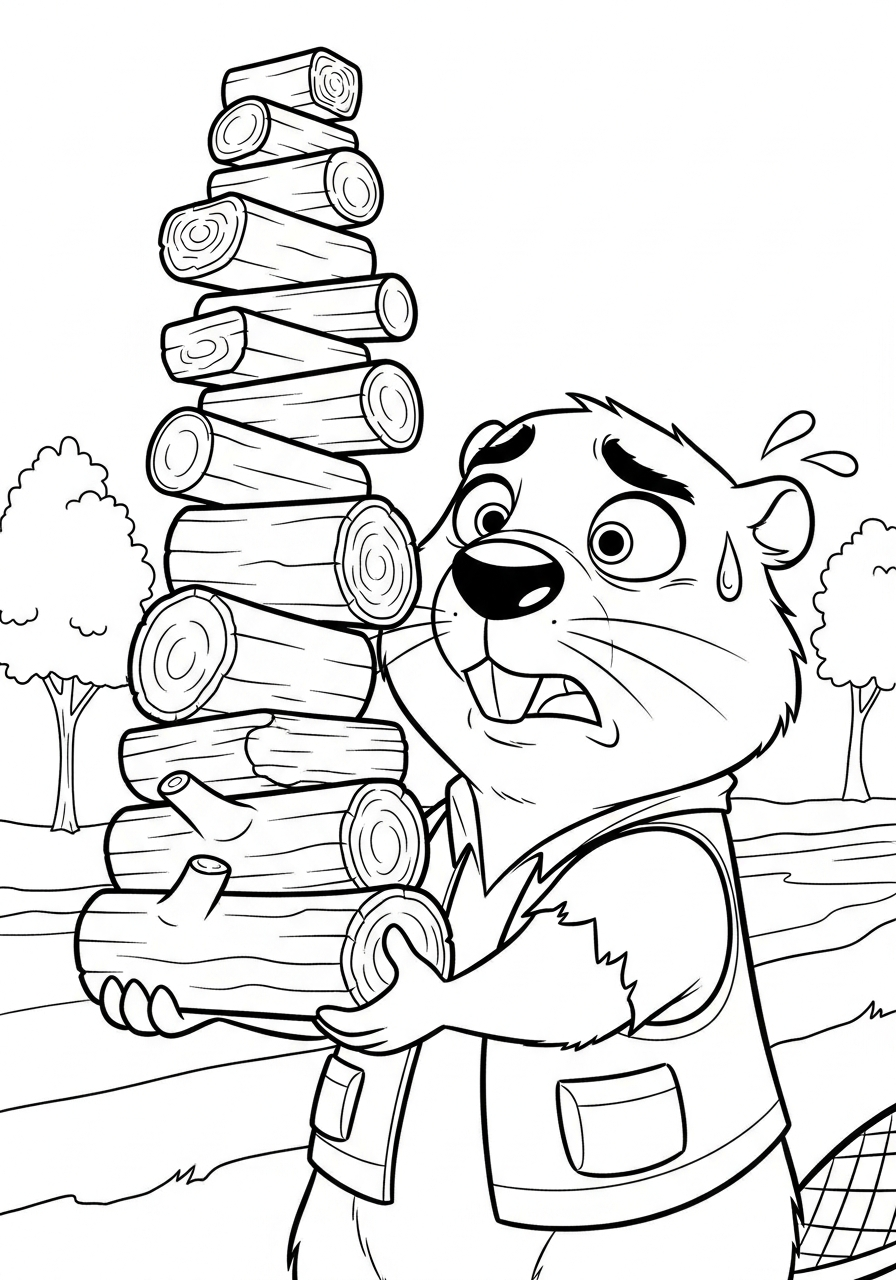 Nervous beaver holding wood coloring page