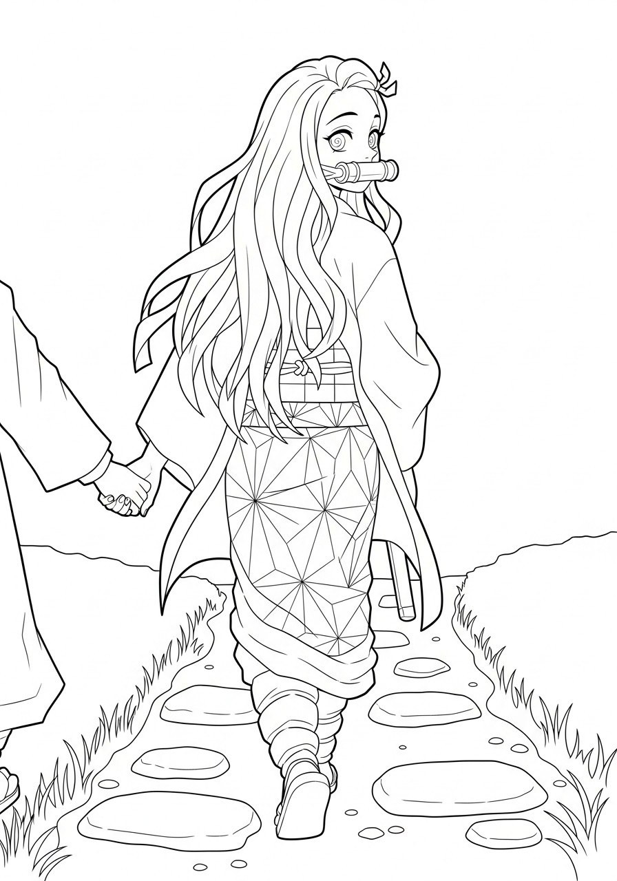 Nezuko Coloring Pages 15 Nezuko holding Tanjiro hand walking coloring page