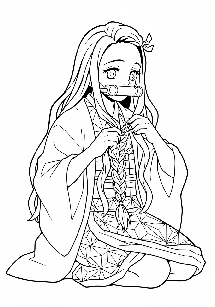 Nezuko Coloring Pages 18 Nezuko sitting and braiding hair coloring page