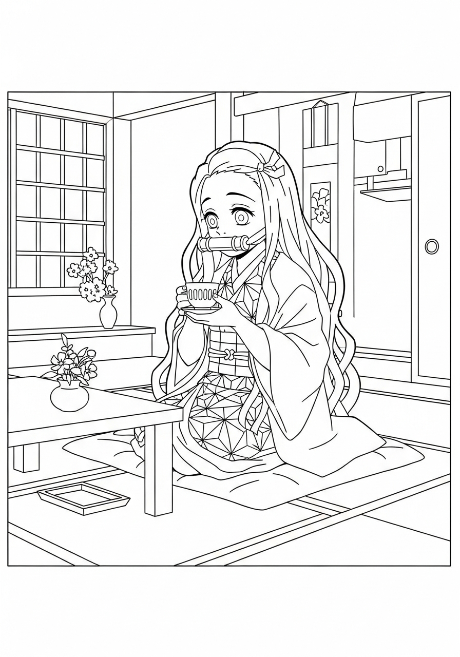 Nezuko Coloring Pages 19 Nezuko sitting with tea cup coloring page