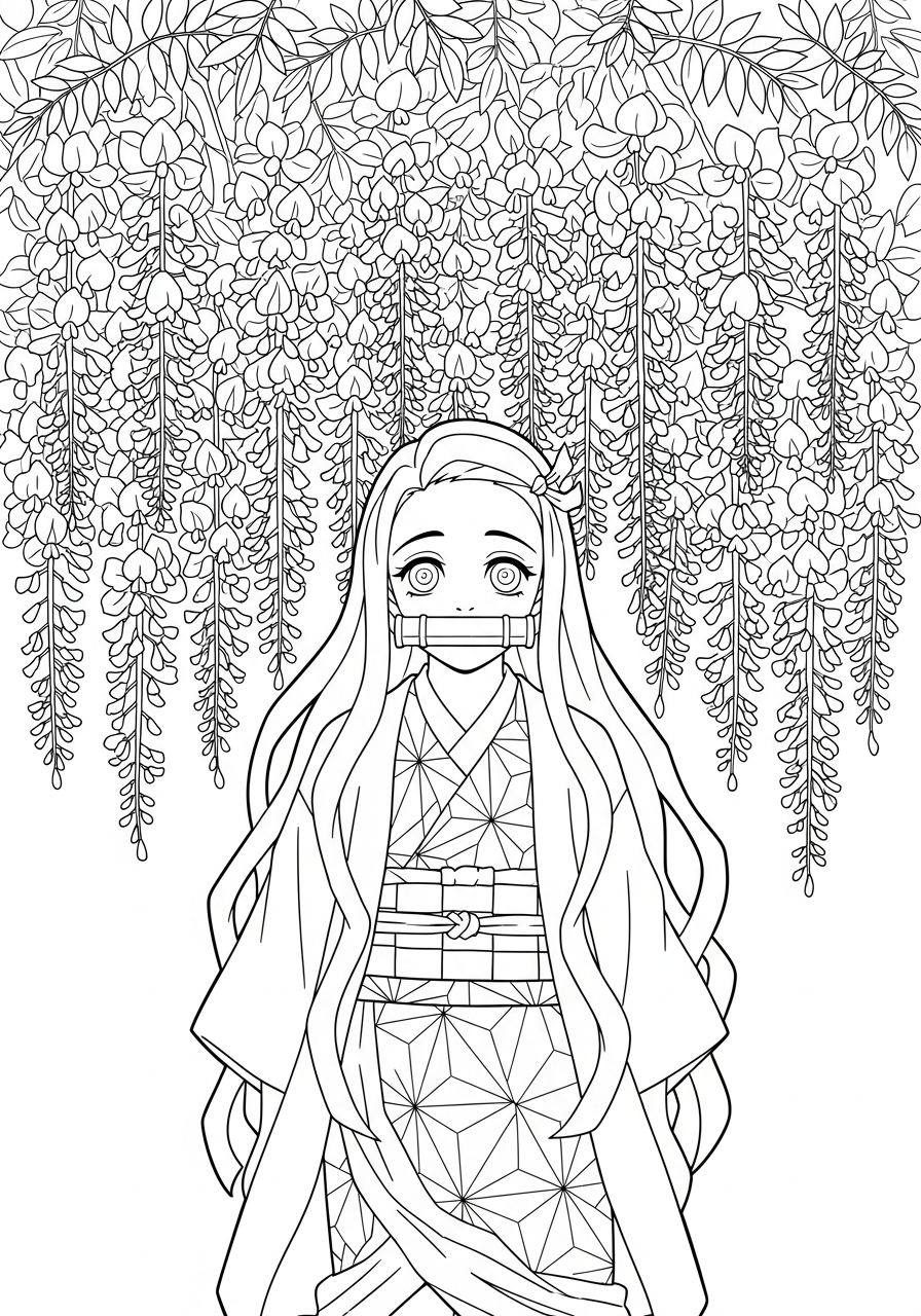 Nezuko Coloring Pages 20 Nezuko under wisteria flowers coloring page