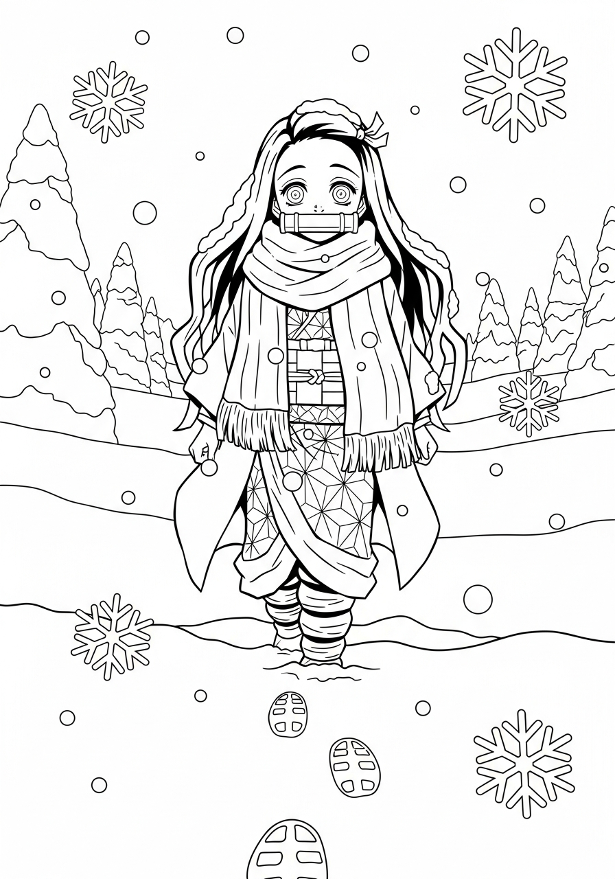 Nezuko Coloring Pages 22 Nezuko walking in deep snow coloring page