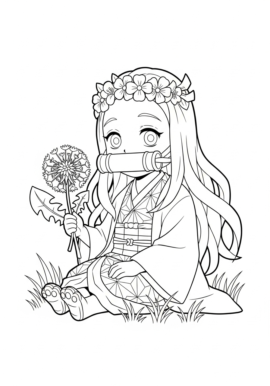 Nezuko Coloring Pages 23 Nezuko wearing pretty flower crown coloring page