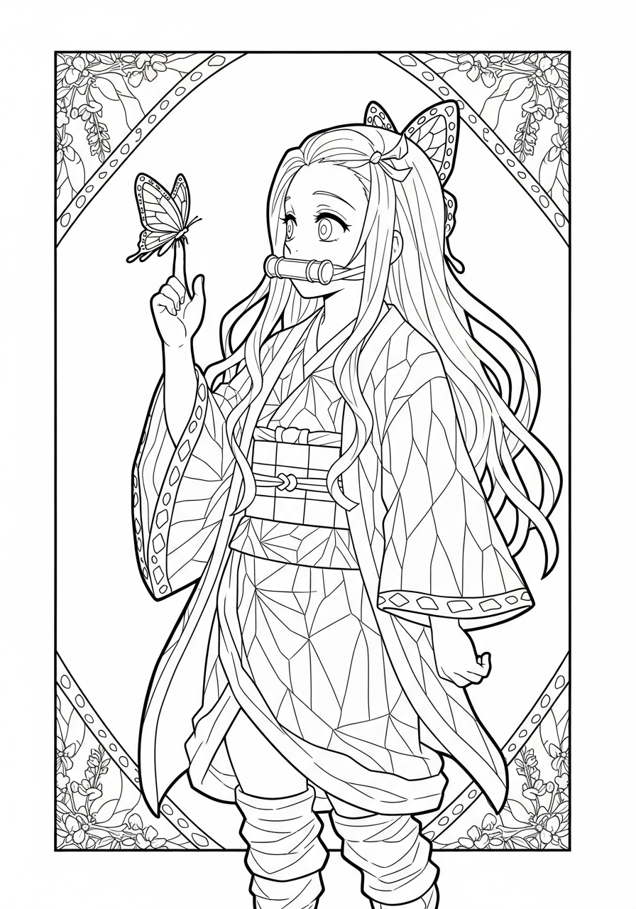 Nezuko Coloring Pages 24 Nezuko with butterfly on finger coloring page
