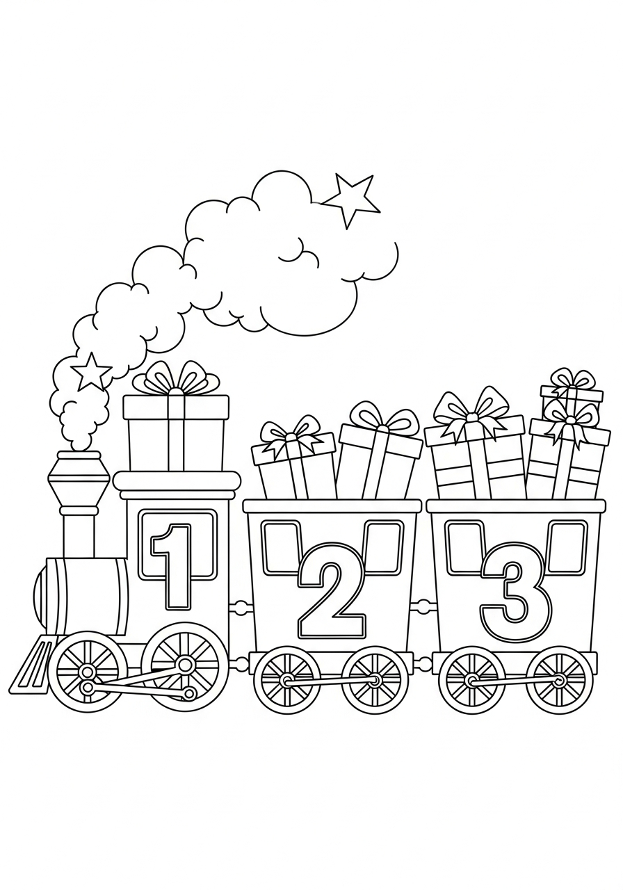 Christmas Train Coloring Pages 10 Numbered train cars with gifts coloring page