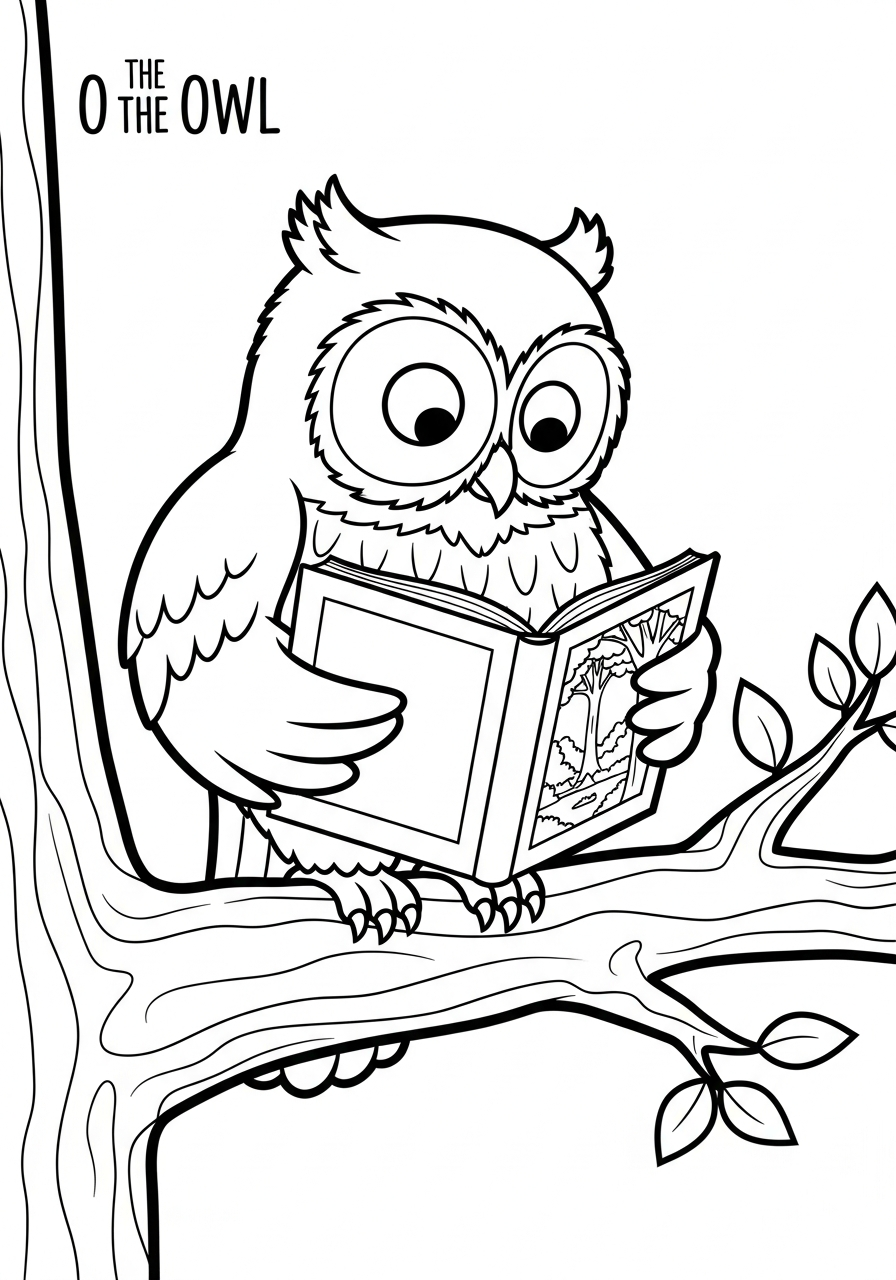 O the Owl reading on branch coloring page