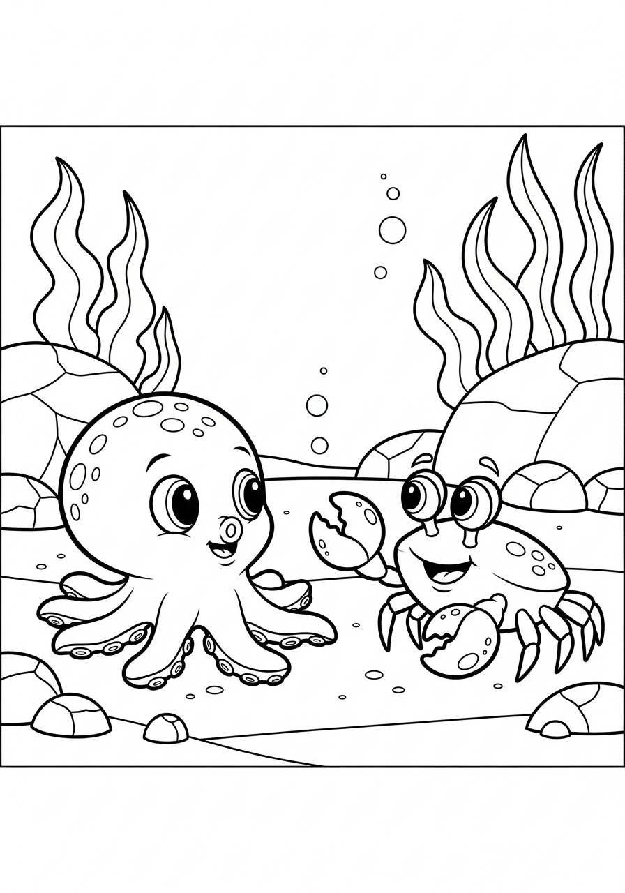 Octopus and crab talking coloring page