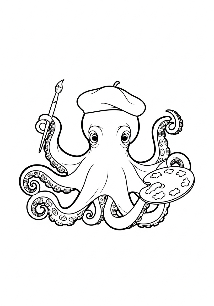 Octopus artist with paint palette coloring page