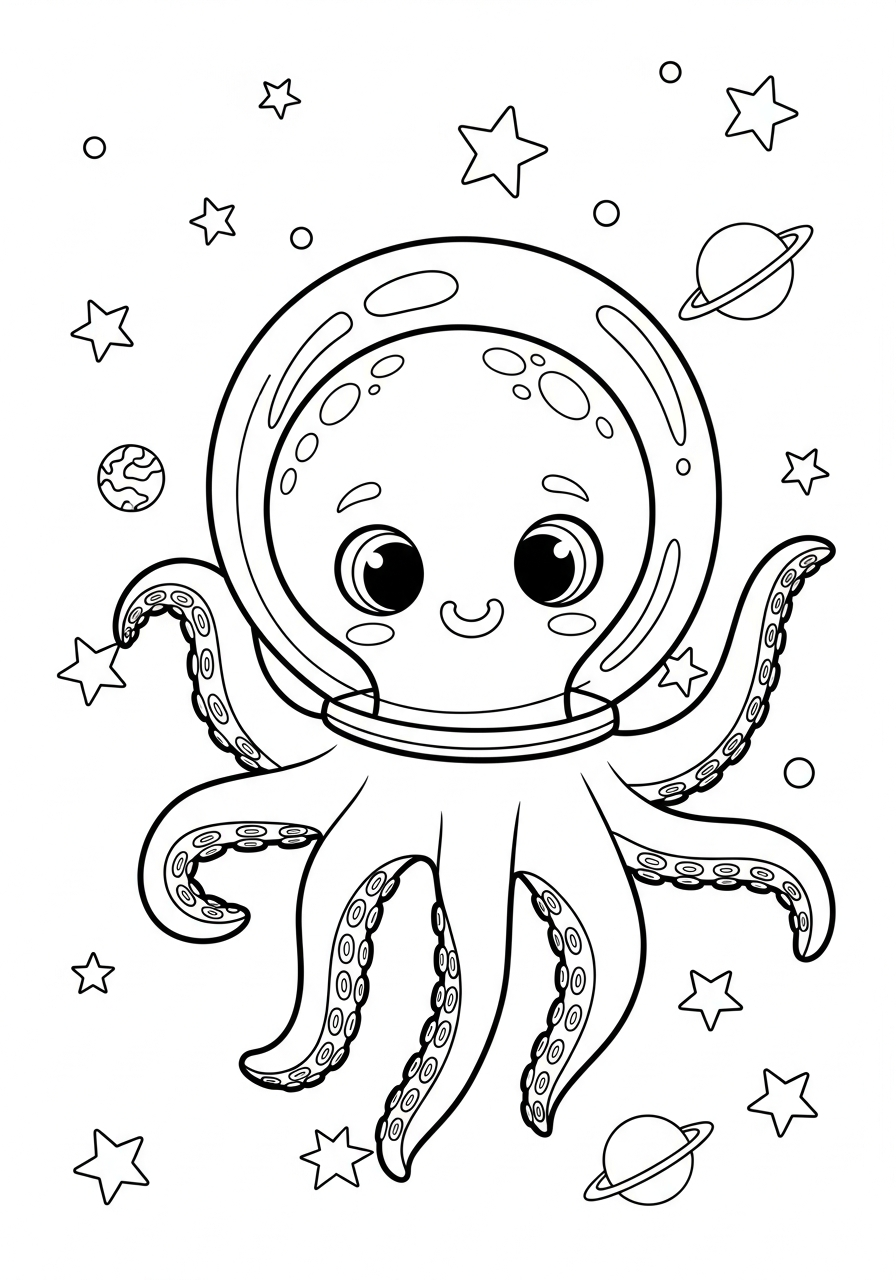 Octopus astronaut in space helmet coloring page