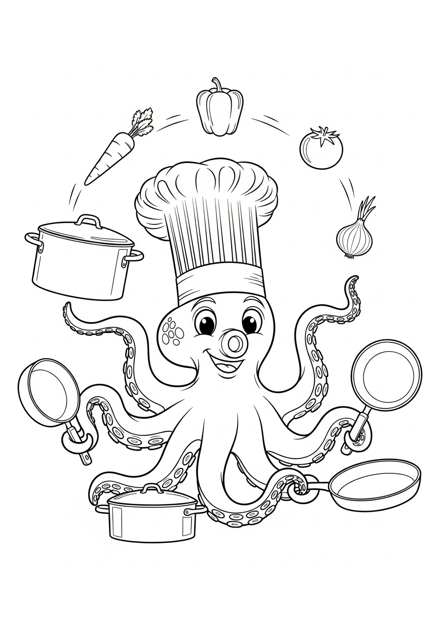 Octopus chef juggling vegetables coloring page