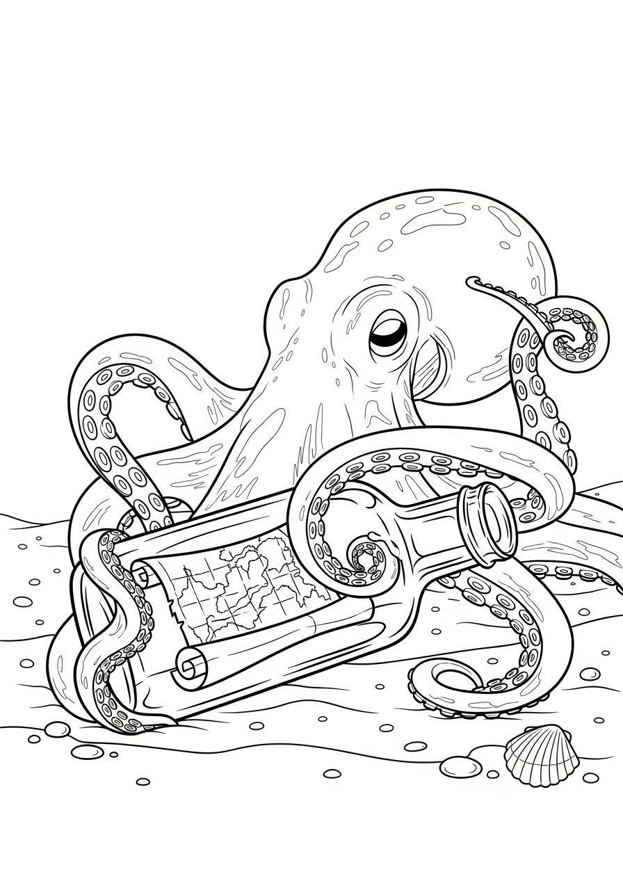 Octopus finds message in bottle coloring page