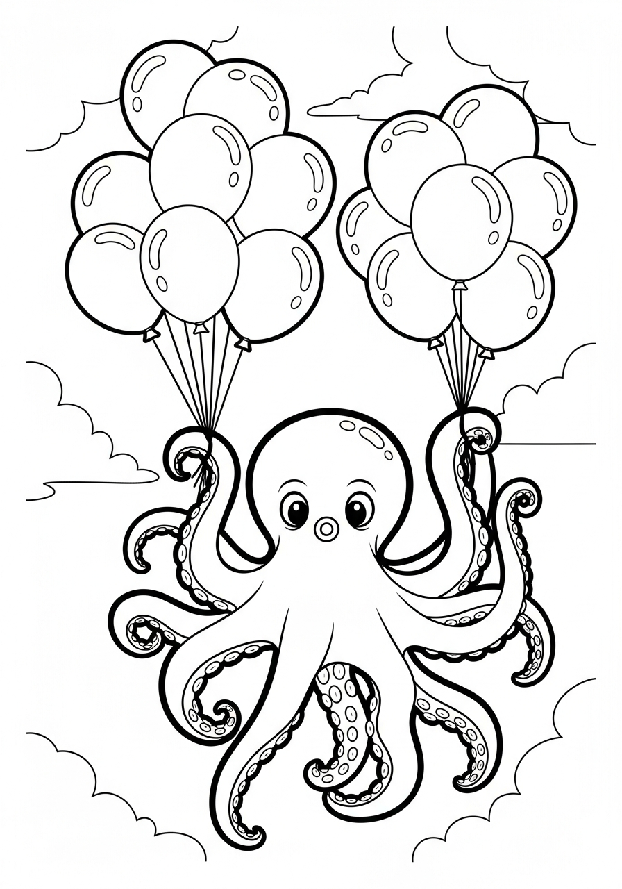 Octopus flying with balloons coloring page