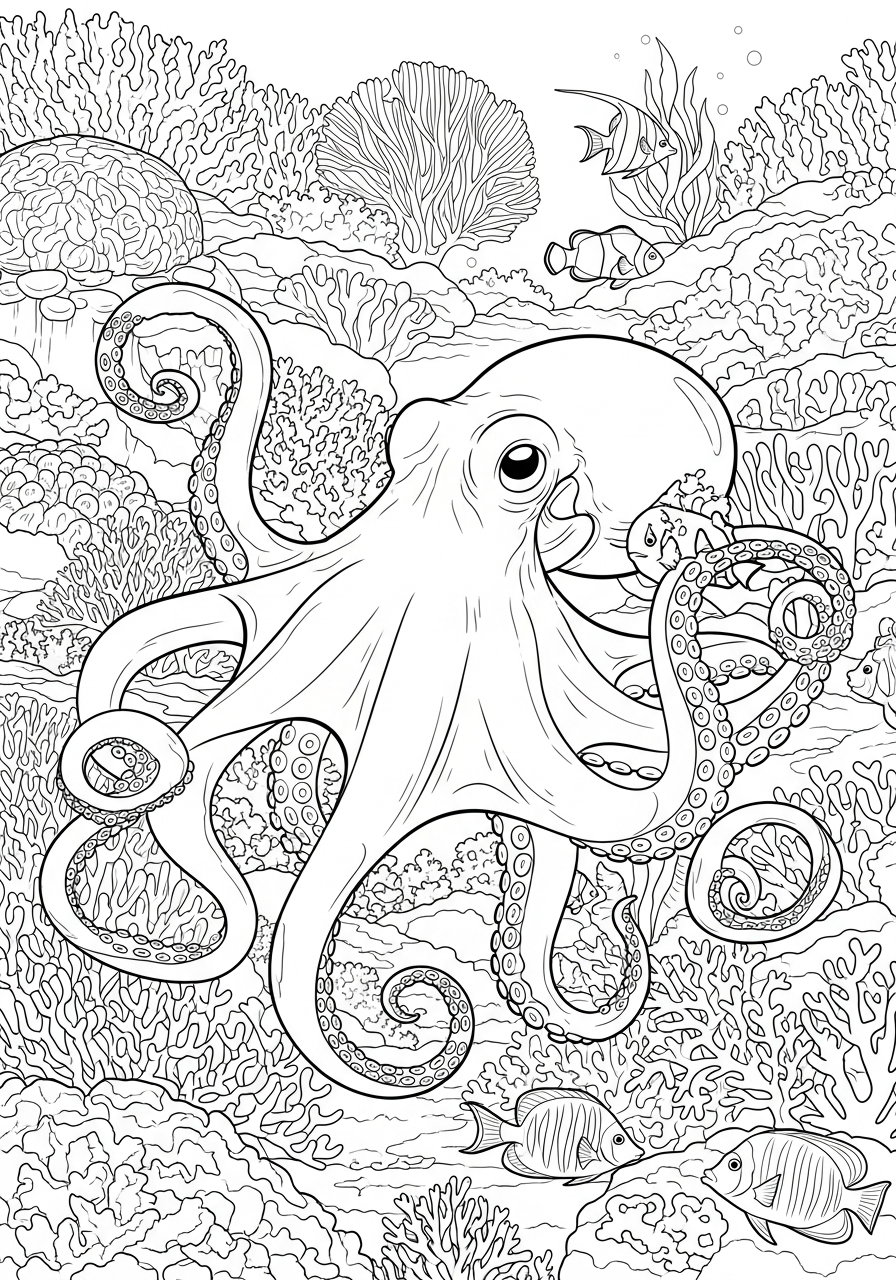 Octopus in coral reef with fish coloring page