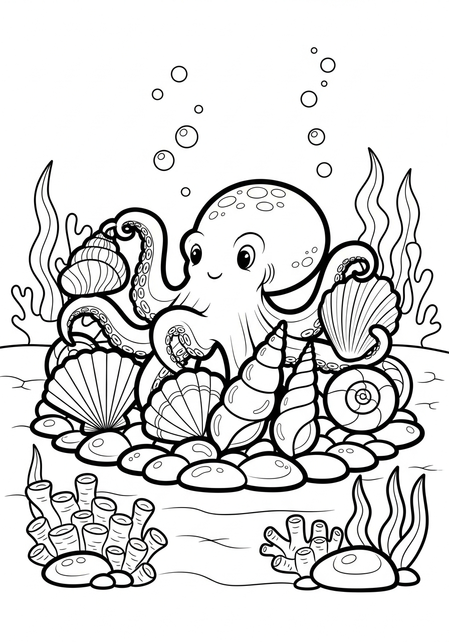 Octopus in shell and rock garden coloring page