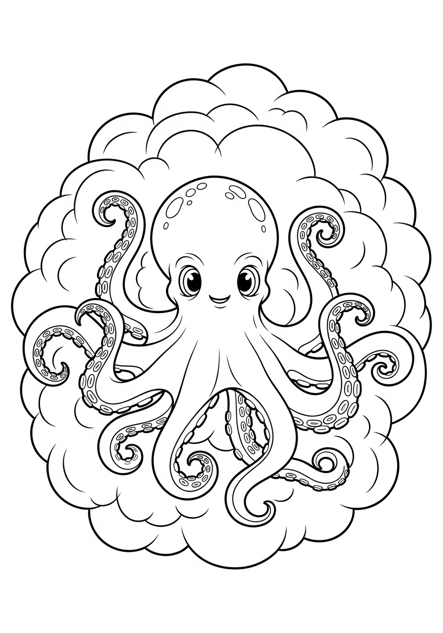 Octopus inside swirling ink cloud coloring page