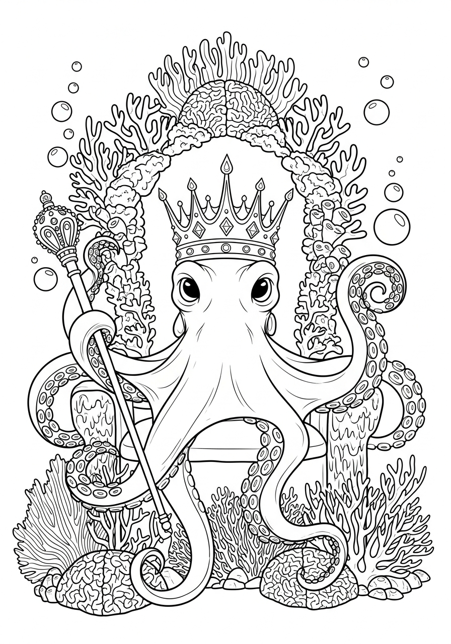 Octopus king on coral throne coloring page