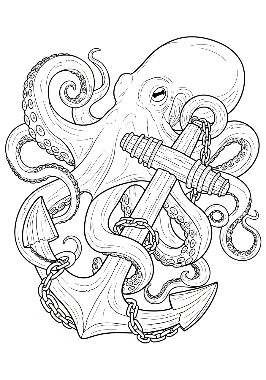 Octopus on sunken ship anchor coloring page