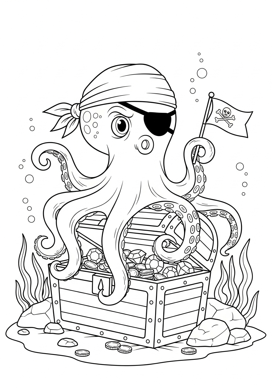 Octopus pirate on treasure chest coloring page