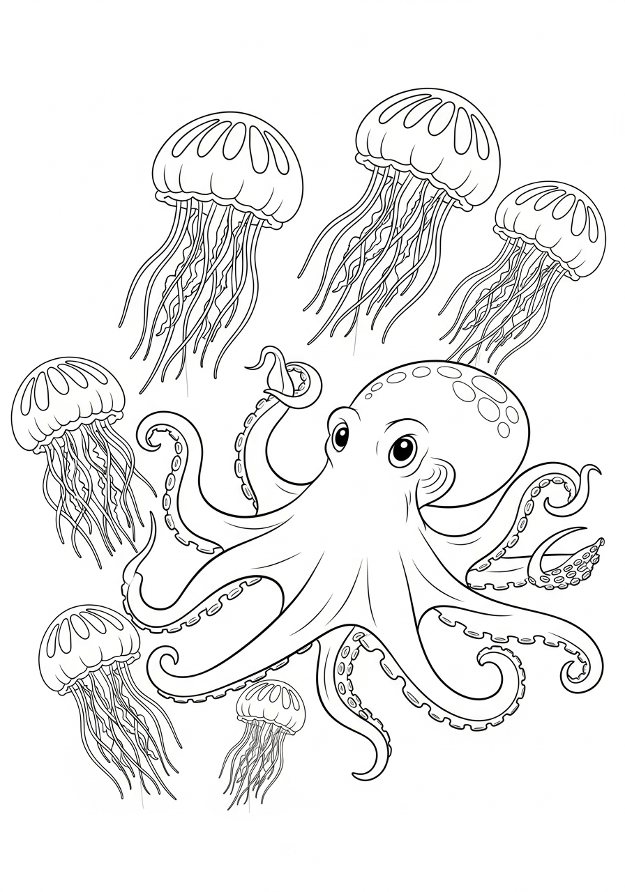 Octopus swimming with jellyfish coloring page