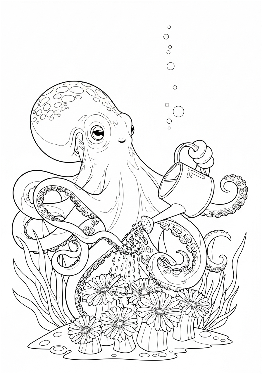 Octopus watering anemone garden coloring page