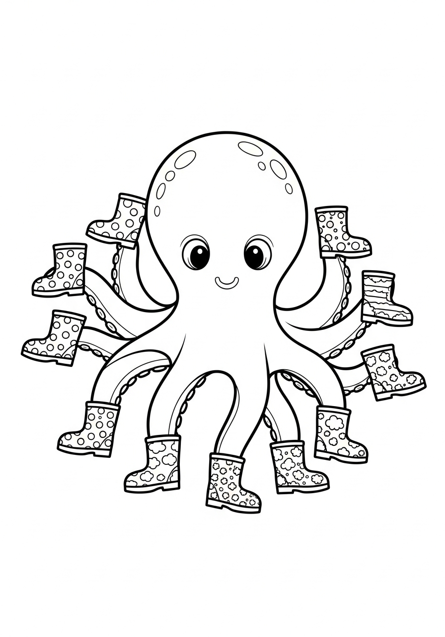 Octopus wearing eight tiny rain boots coloring page