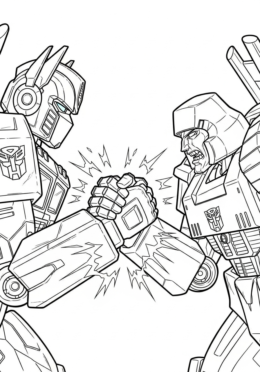 Optimus Prime Coloring Pages 13 Optimus fighting Megatron arm wrestle coloring page