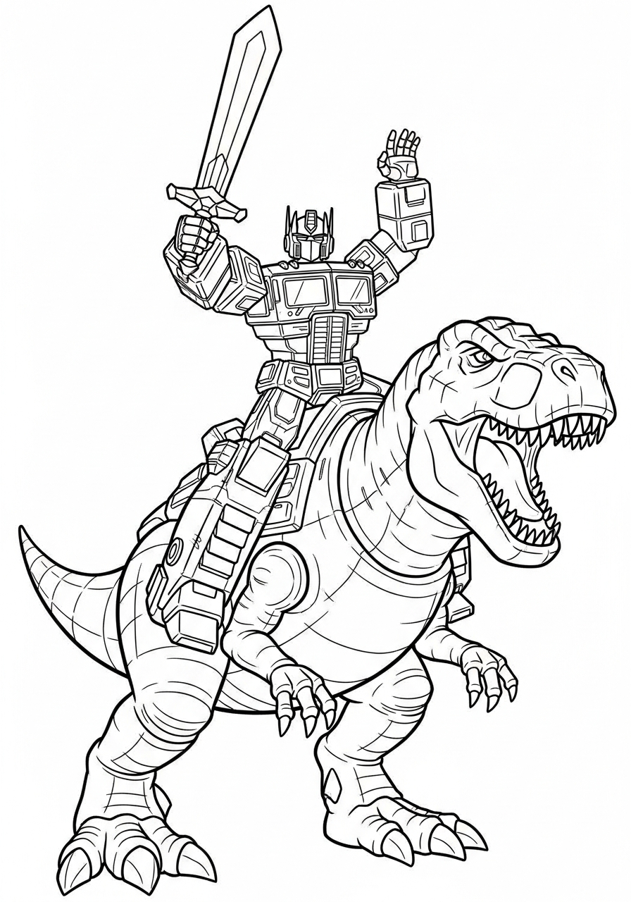Optimus Prime Coloring Pages 24 Optimus riding dinosaur robot Grimlock coloring page