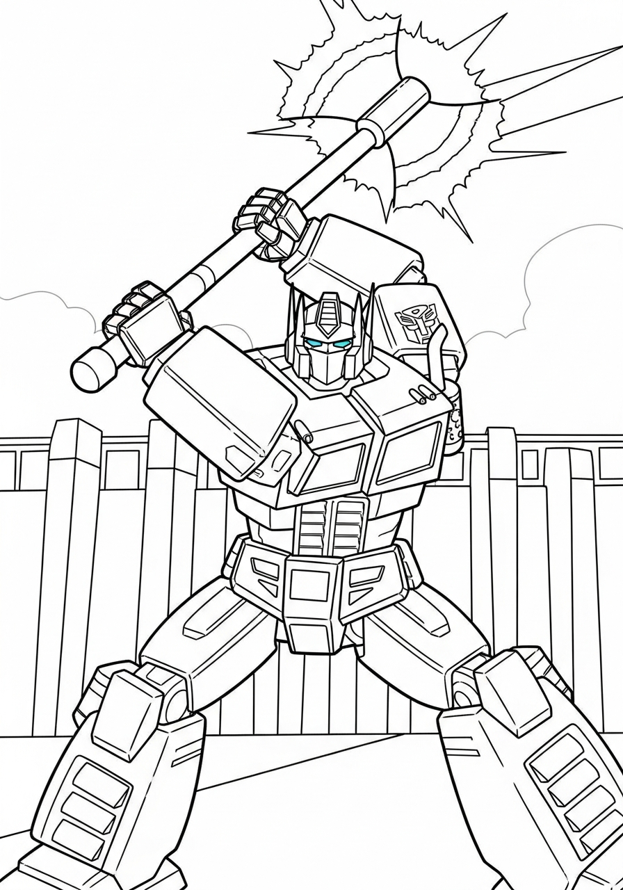 Optimus Prime Coloring Pages 26 Optimus swinging glowing energy axe coloring page