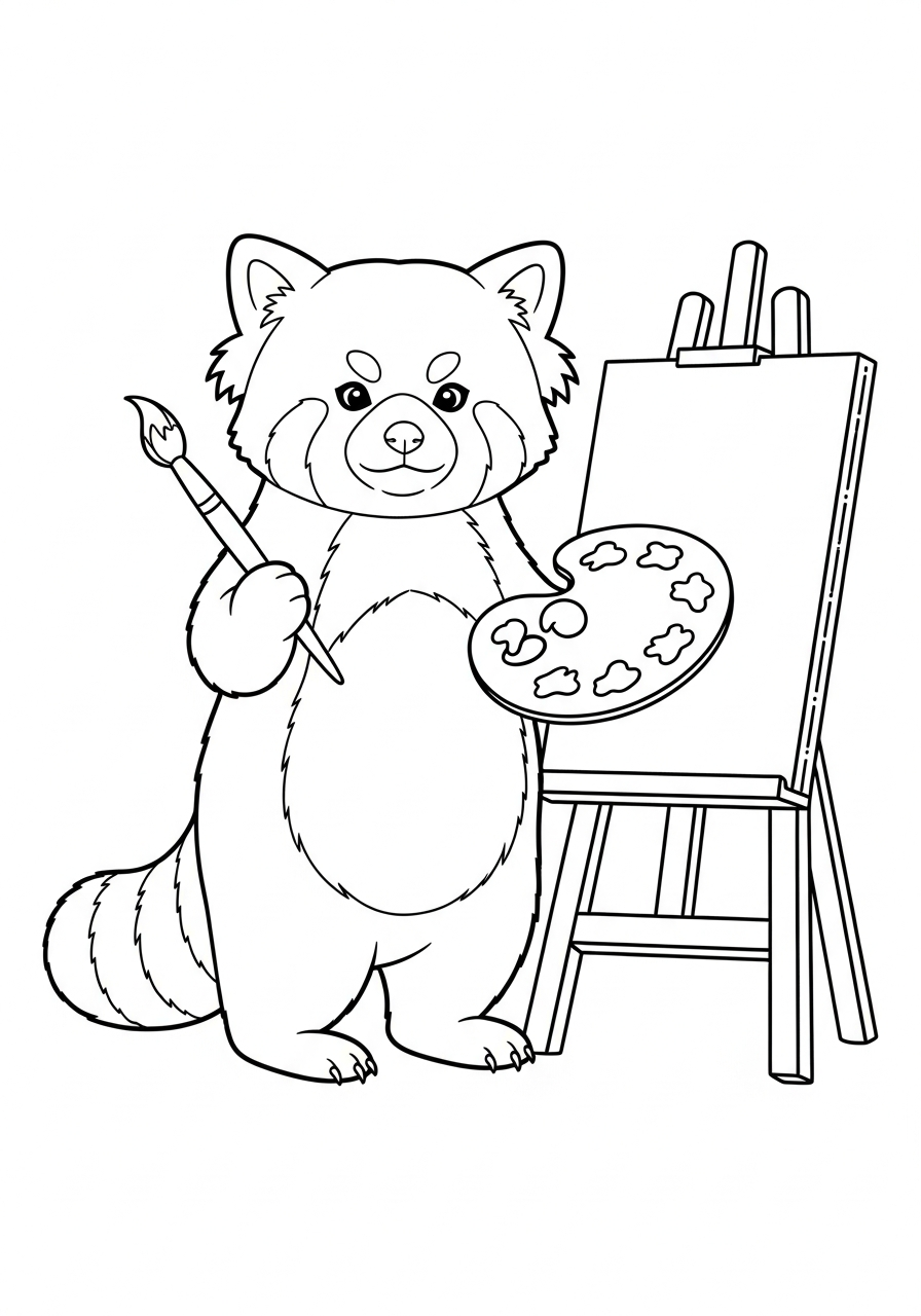 Painter red panda with easel coloring page