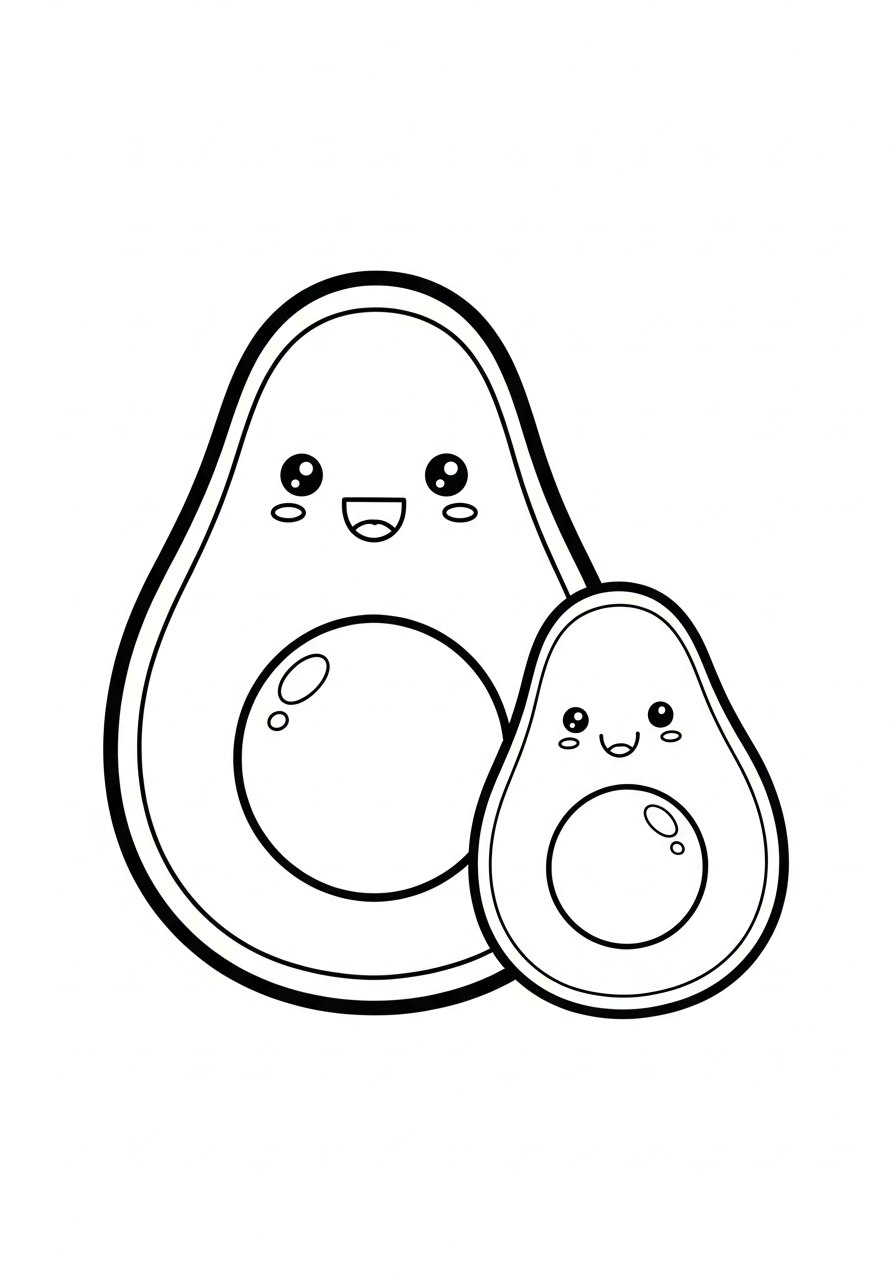 Parent and baby avocado smiling coloring page