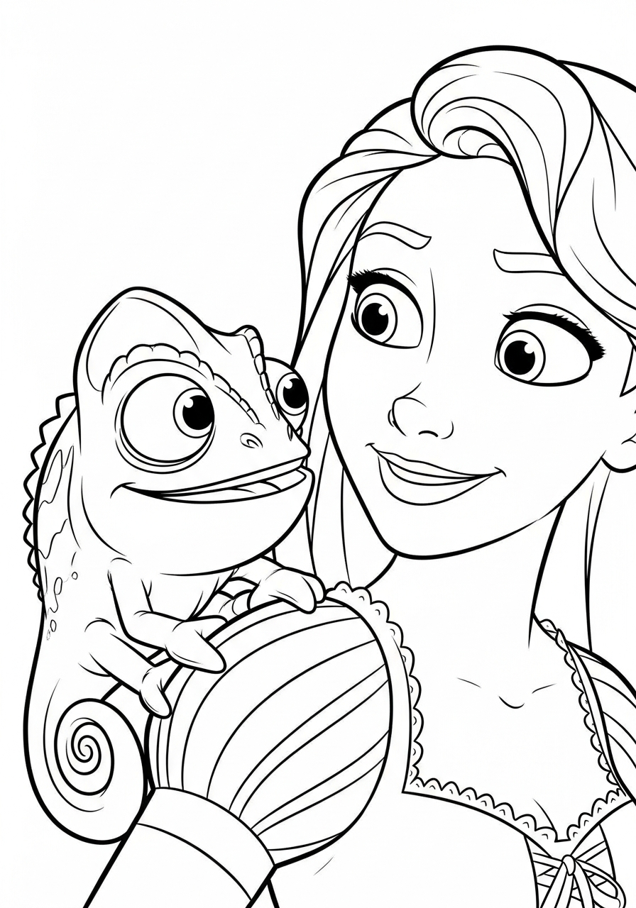 Pascal sitting on Rapunzel shoulder coloring page