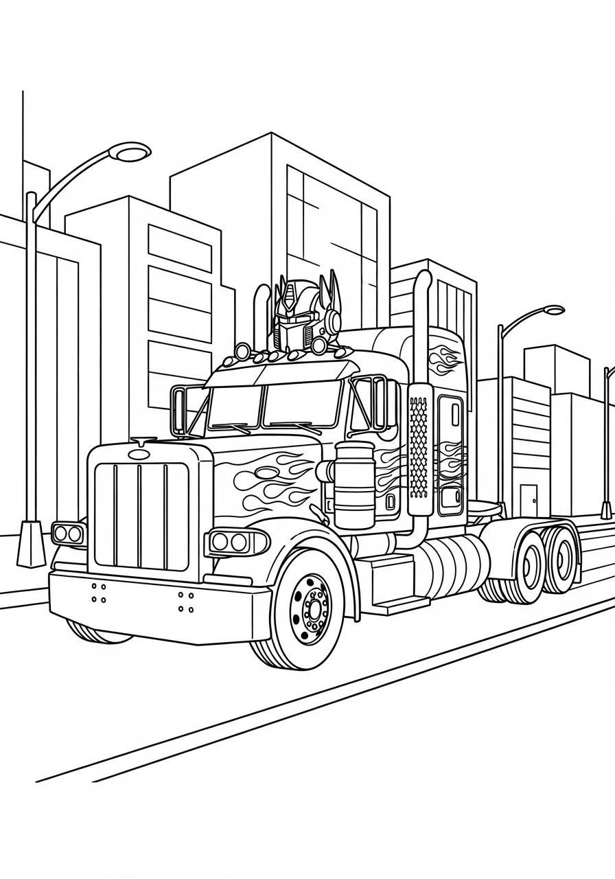 Optimus Prime Coloring Pages 27 Peterbilt truck with flame decals coloring page