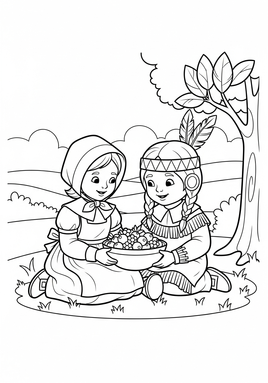 Thanksgiving Coloring Pages 17 Pilgrim and Wampanoag child sharing berries coloring page