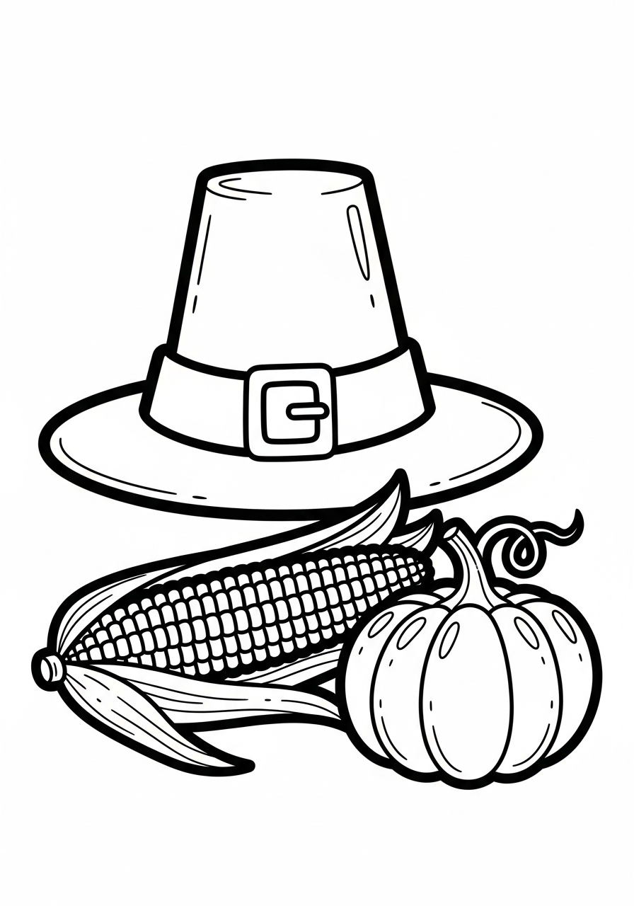 Thanksgiving Coloring Pages 18 Pilgrim hat, corn, and pumpkin coloring page