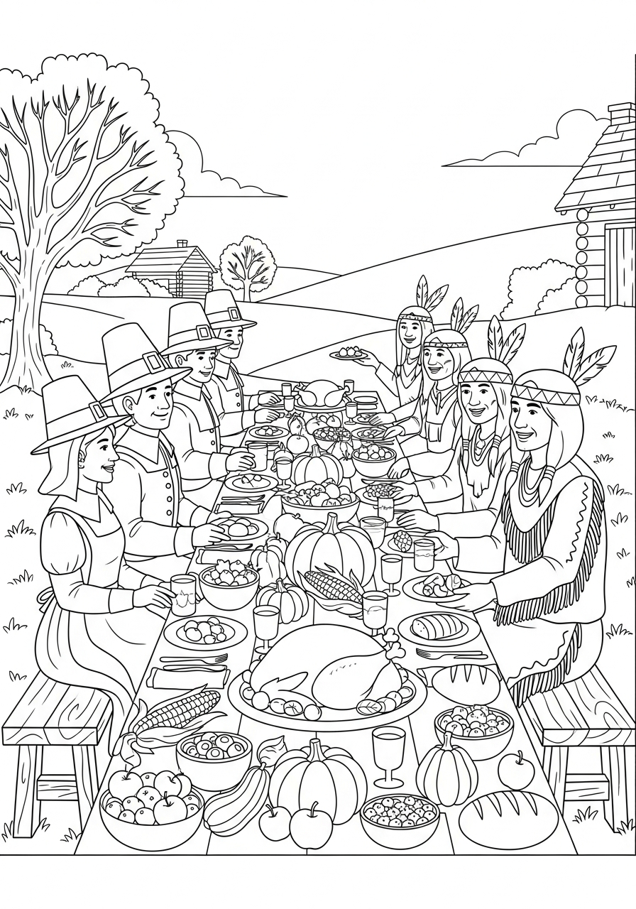 Thanksgiving Coloring Pages 19 Pilgrims and Wampanoag at feast table coloring page