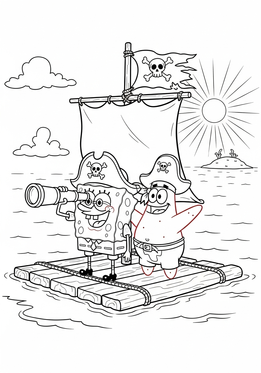 Pirate Spongebob and Patrick on raft coloring page