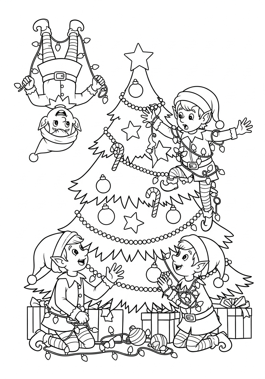 Christmas Tree Coloring Pages 15 Playful elves tangling tree lights coloring page