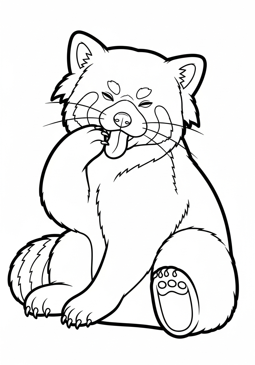 Playful red panda grooming itself coloring page