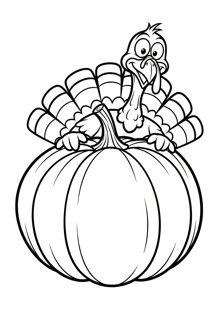 Thanksgiving Coloring Pages 20 Playful turkey peeking from behind pumpkin coloring page