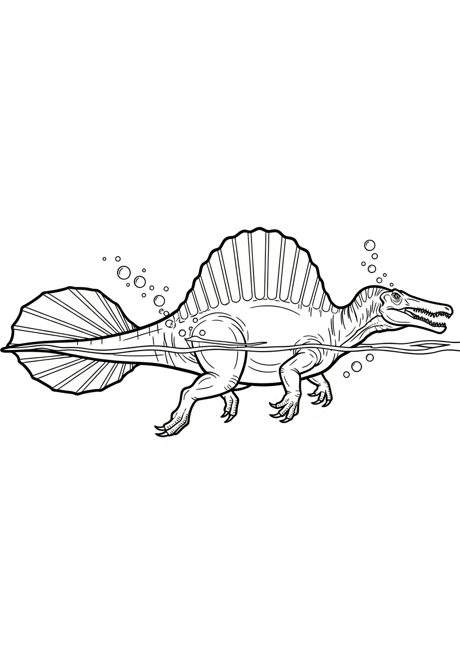 Powerful Spinosaurus swimming in river coloring page