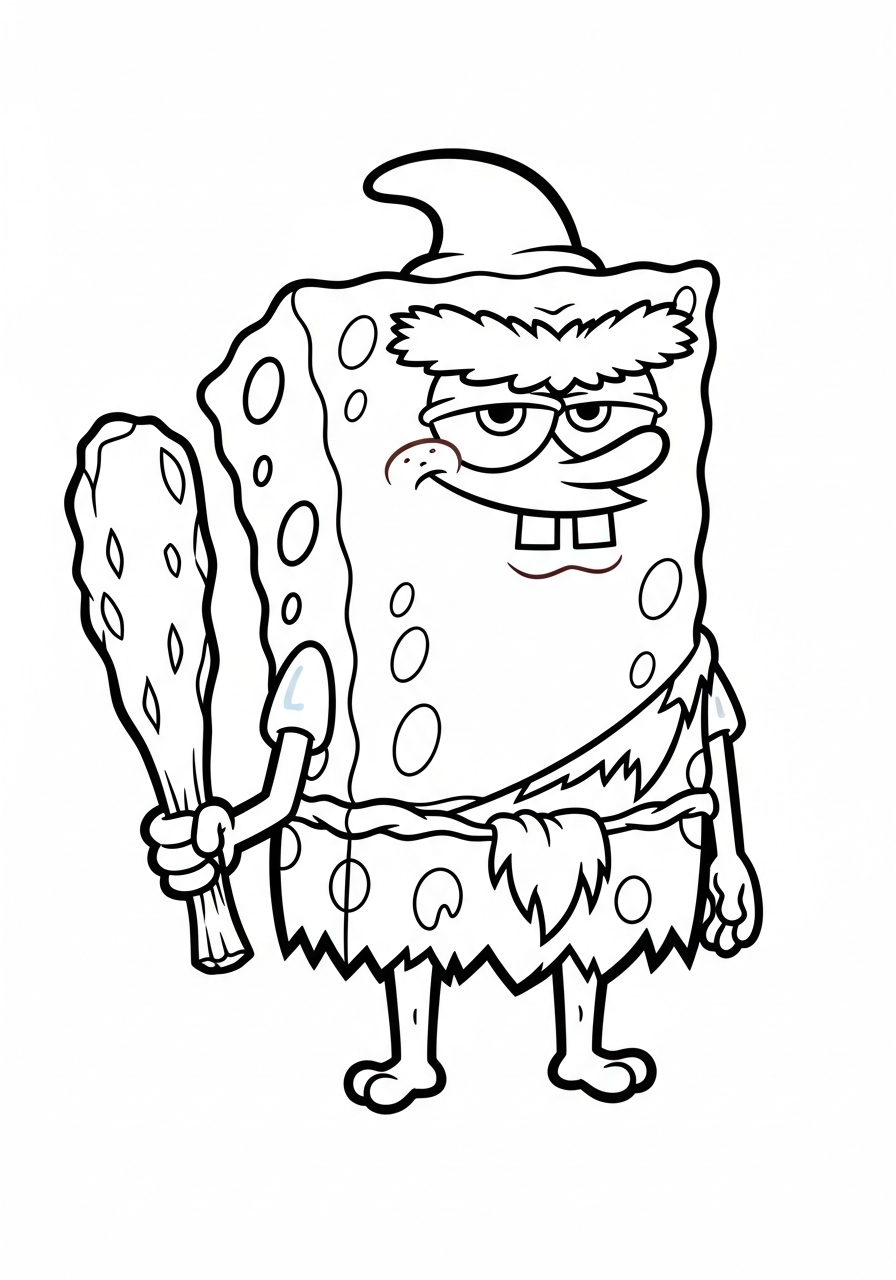 Prehistoric SpongeGar holding club caveman style coloring page