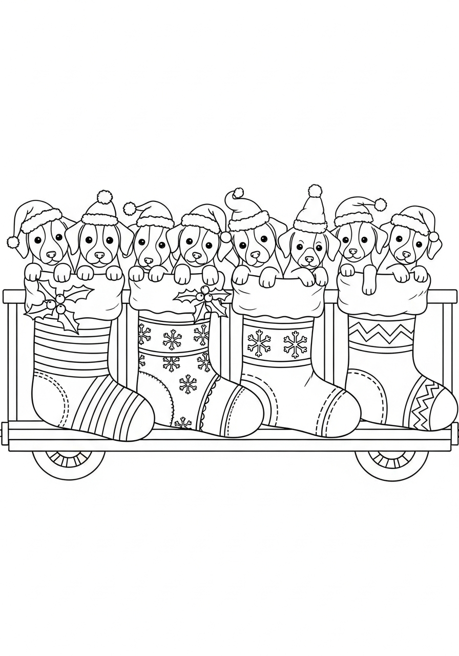 Christmas Train Coloring Pages 11 Puppies inside Christmas stockings train coloring page