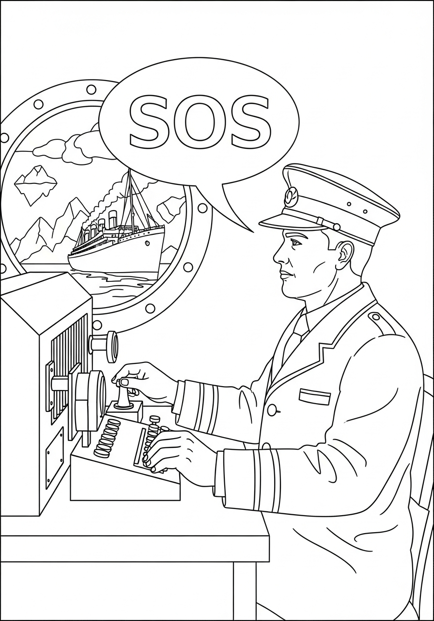 Radioman sending SOS distress signal message coloring page