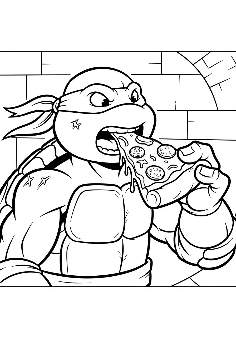 Ninja Turtle Coloring Pages 21 Raphael taking a huge pizza bite coloring page
