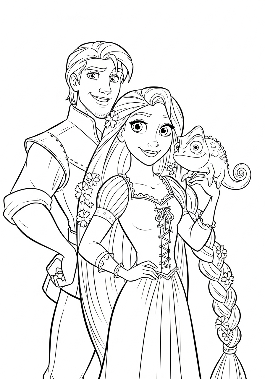 Rapunzel Flynn and Pascal posing coloring page