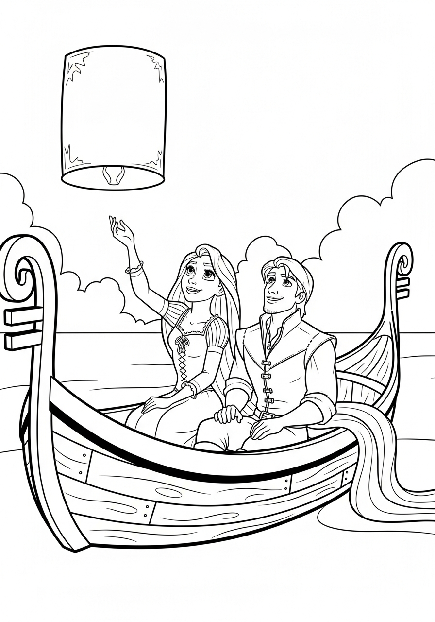Rapunzel Flynn in boat lantern coloring page
