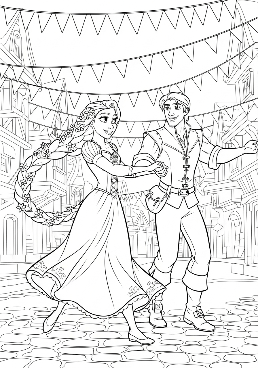 Rapunzel and Flynn dancing together coloring page