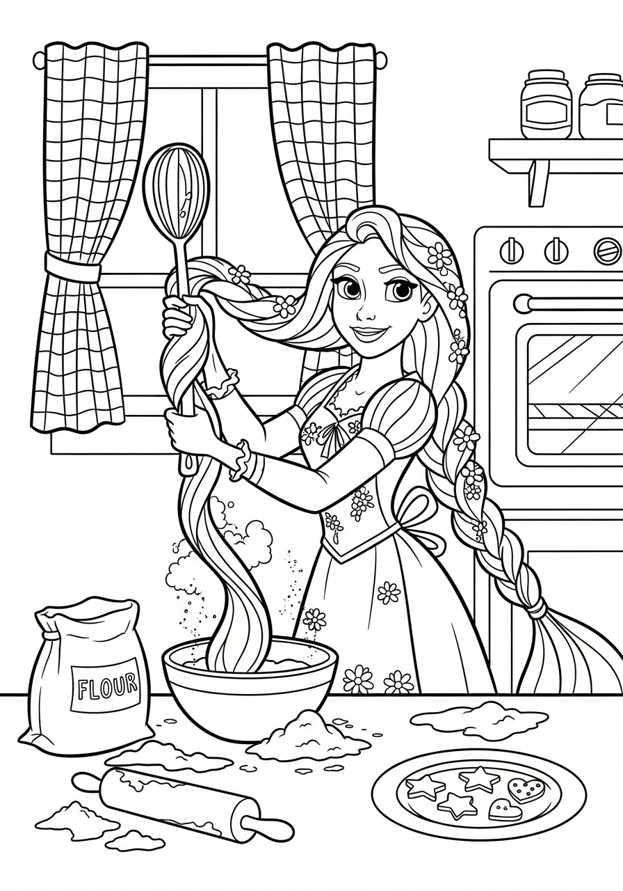 Rapunzel baking cookies in kitchen coloring page