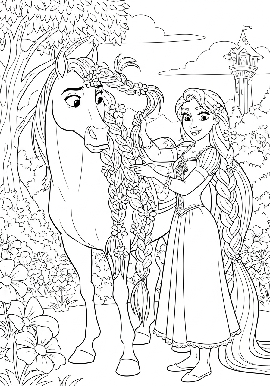 Rapunzel braiding Maximus horse mane coloring page